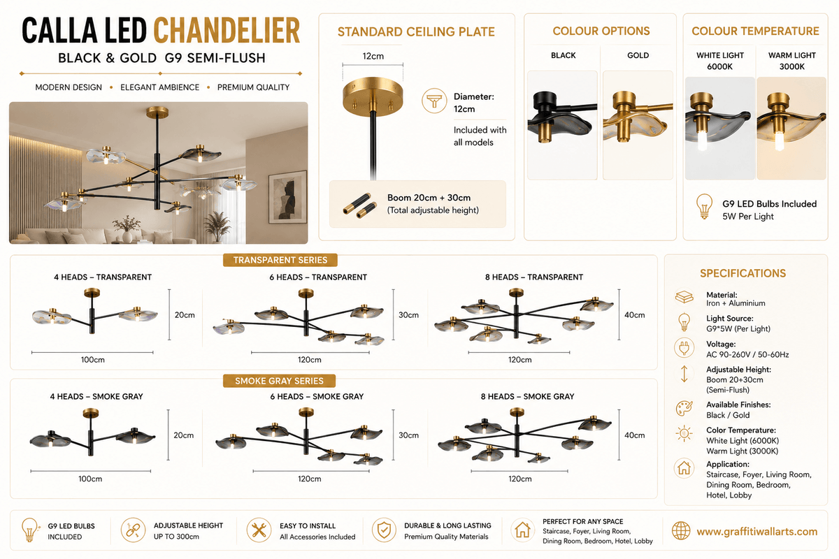 Calla LED Chandelier – Black & Gold G9 Semi-Flush in White & Warm Light