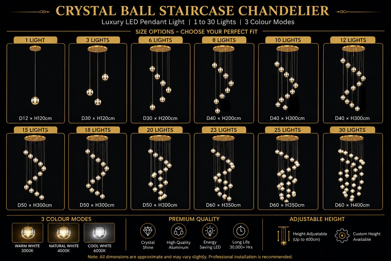 Crystal Ball Staircase Chandelier – Luxury LED Pendant, 1 to 30 Lights, 3 Colour Modes