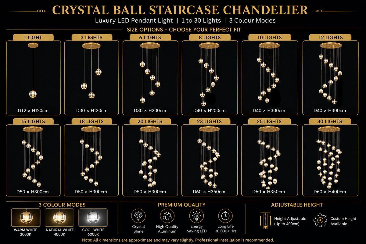 Crystal Ball Staircase Chandelier – Luxury LED Pendant, 1 to 30 Lights, 3 Colour Modes
